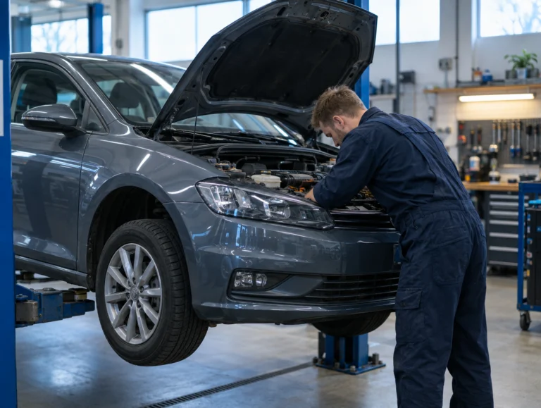Mekaniker arbejder i motorrummet på en bil i et autoværksted