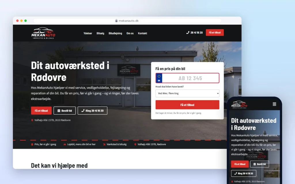 MekanAutos hjemmeside vist på computer og mobil