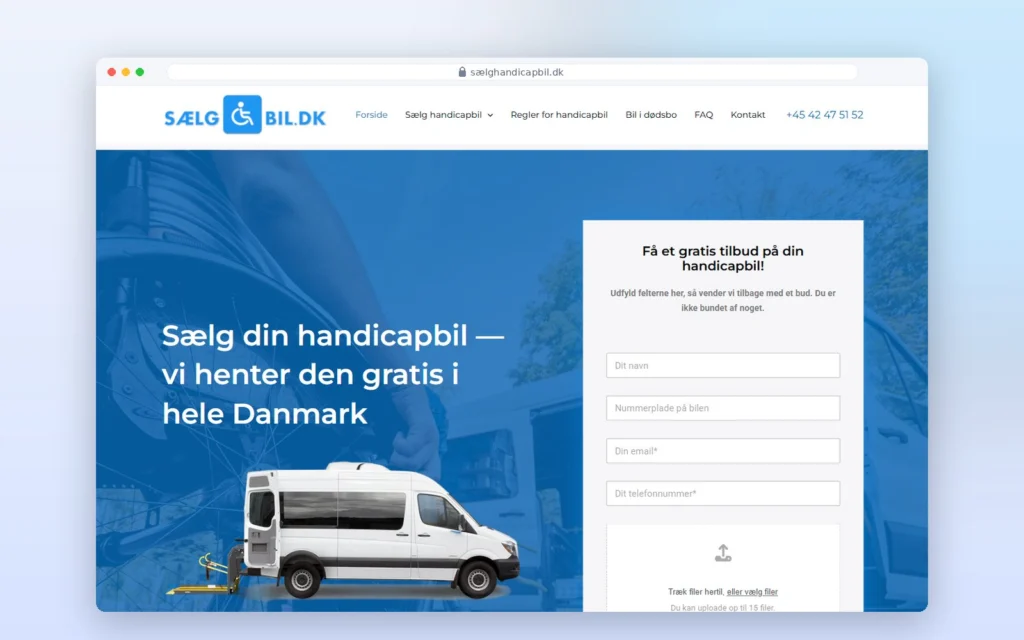 Sælghandicapbil.dks hjemmeside vist på computer