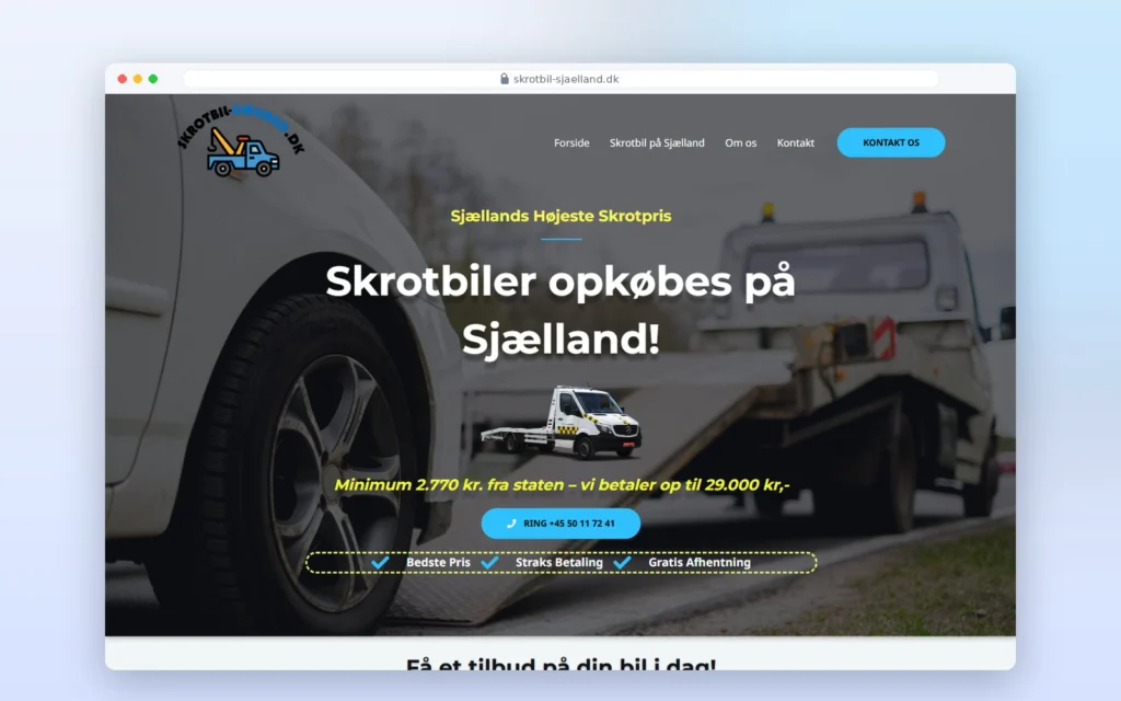 Skrotbil-sjaelland.dks hjemmeside vist på computer
