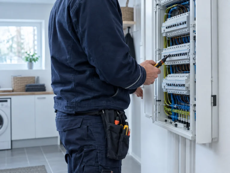 Elektriker arbejder i en eltavle med spændingstester
