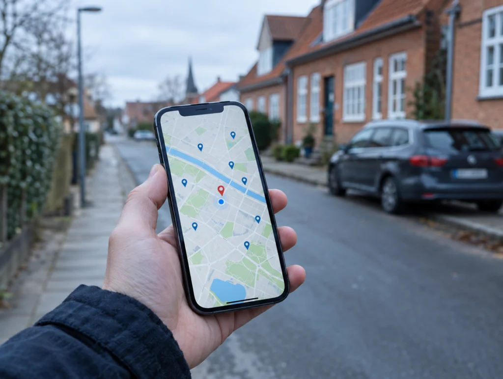 Hånd holder en mobil med et kort over lokale virksomheder