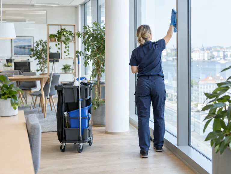 Rengøringsassistent pudser vinduer i et lyst kontor