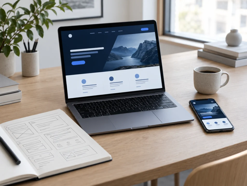 Skrivebord med laptop og mobil, der viser et hjemmesidedesign